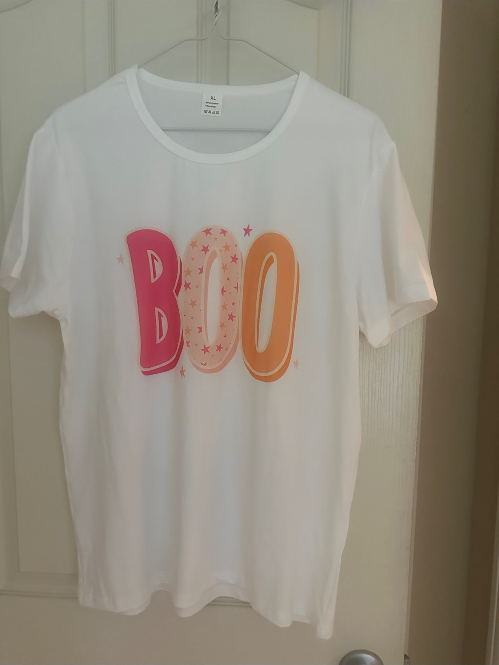 White 'BOO' Graphic Short Sleeve Tee - Pink & Orange